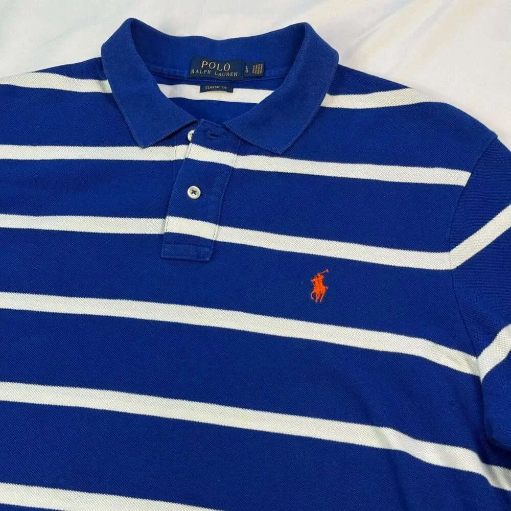 Polo Ralph Lauren Mens L Polo Classic Blue White Striped Pony Custom Fit Rugby